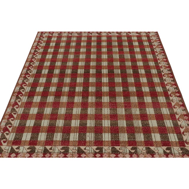 2010s Rug & Kilim’s Distressed Swedish Style Rug in Red and Brown Geometric Pattern For Sale - Image 5 of 7