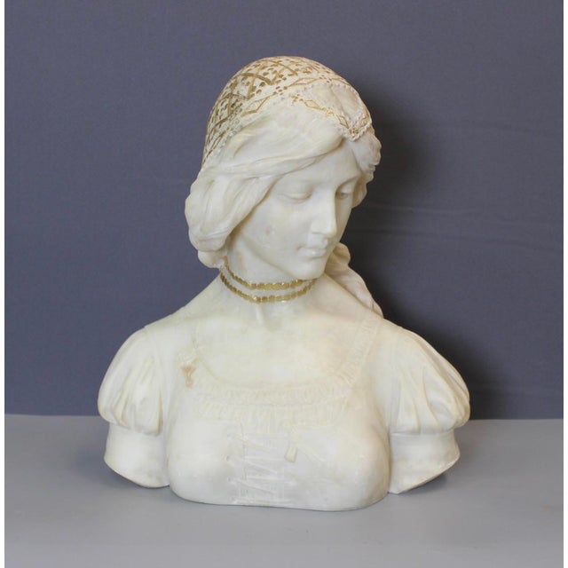 Alabaster Bust of a Young Woman with a Golden Headdress, 1900 For Sale - Image 12 of 15