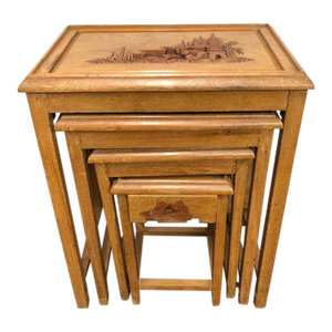 Vintage Chinoiserie Style Teak Carved Nesting Tables - Set of 4