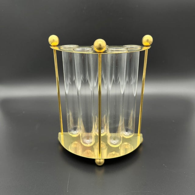 Mid 20th Century Vintage Brass Semi Circle Flower Vase Arranger With 5 Glass Vials For Sale - Image 5 of 5
