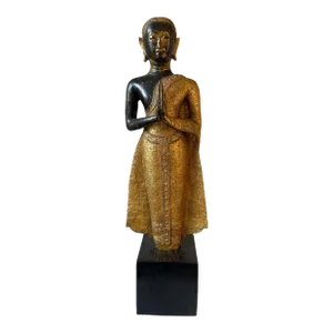 Late 19th Century Mandalay Burmese Carved Wood Gold Gilt Monk Buddha Statue