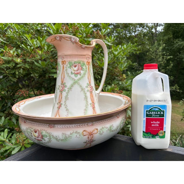 Antique Crown Devon Victorian/Edwardian Art Nouveau Fine English Porcelain Pitcher and Washbowl Set For Sale In Providence - Image 6 of 14