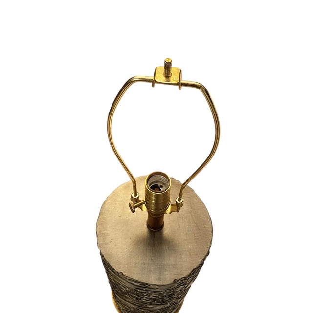 Contemporary Pair of Lamps Circa 2000s Swirled Carved Design in Dark Green Cylindrical Textured Surface With Gold Leaf Base For Sale - Image 11 of 12