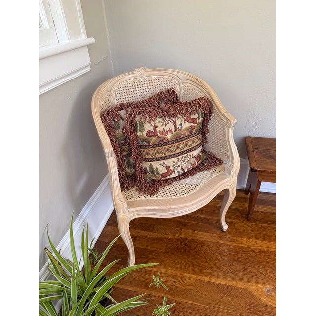 Pair of square woven tapestry pillows with a medieval stag motif. Each side shows leaping and reclining stags among trees...