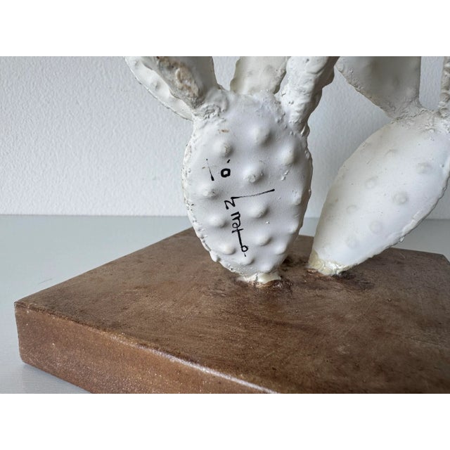 1990s Vintage White Metal Cactus Table Sculpture on Wood Base – Signed Illegible For Sale - Image 5 of 10