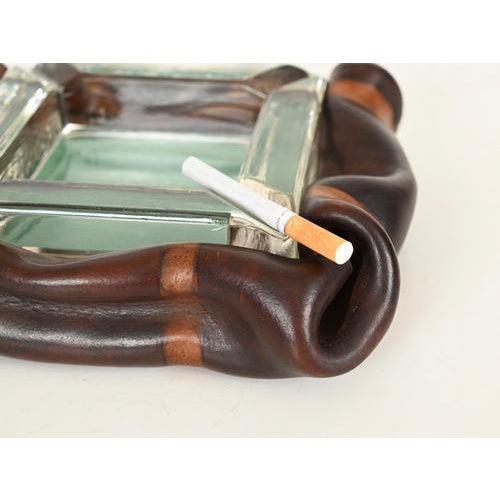 Italian Curved Leather and Crystal Glass Ashtray from Nova Tecno, 1950s For Sale - Image 6 of 14