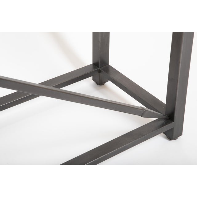 Late 20th Century Pair of Neoclassical Style Steel Console Tables with Green Marble Tops For Sale - Image 5 of 12