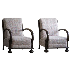 Set of Danish Art Deco Lounge Chairs in Oak and Vibrant Flower Fabric, 1940s