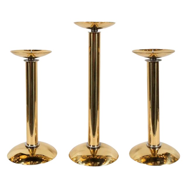 Documented Karl Springer Mid-Century Brass and Chrome Candlesticks - Set of 3 For Sale