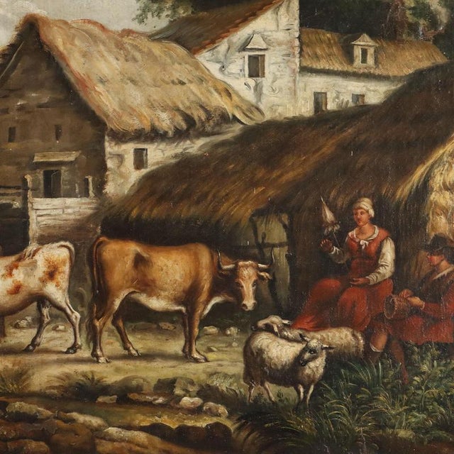 Central European School Artist, Bucolic Landscape with Figures and Animals, 19th Century, Oil Painting on Canvas, Framed For Sale - Image 3 of 12