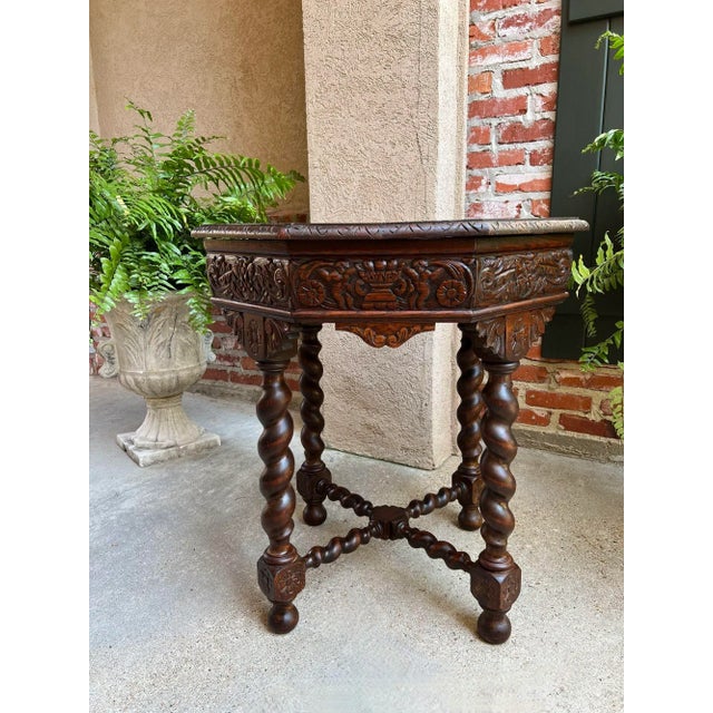 Late 19th Century Antique French Octagon Sofa Table Carved Oak Barley Twist Louis XIII Renaissance For Sale - Image 5 of 12