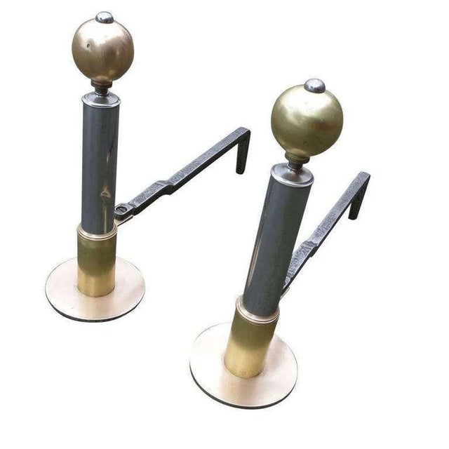 Art Deco 1930s Art Deco Chrome and Brass Geometric Andirons Attributed to Donald Deskey- a Pair For Sale - Image 3 of 4