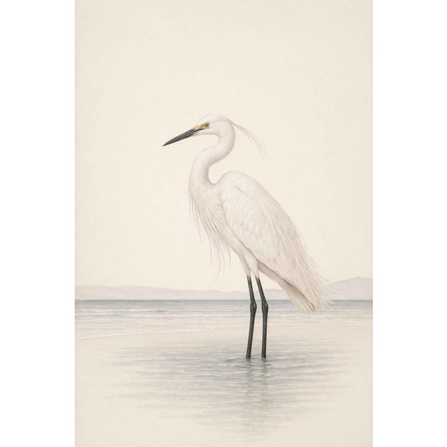 White Egret Coastal Study, Neutral Bird Wall Art Print, 16" X 24" For Sale