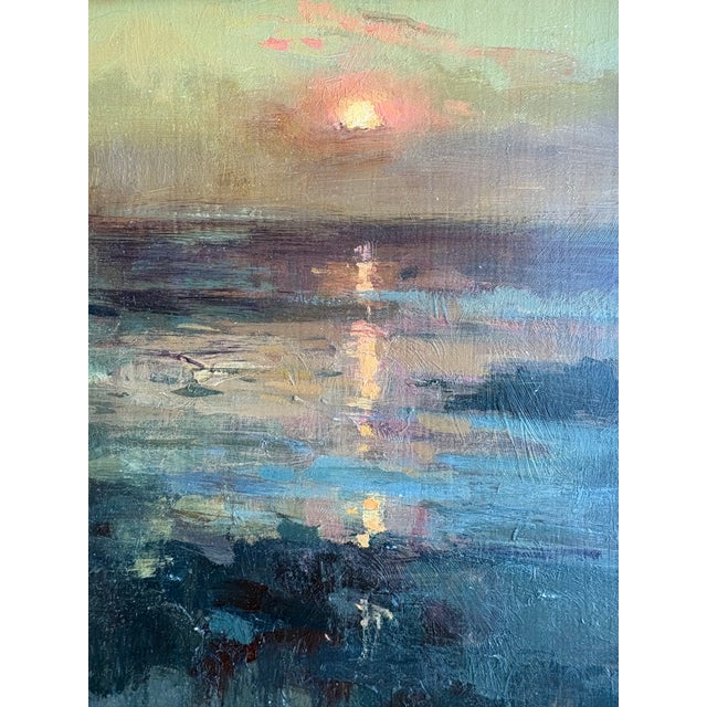 Gorgeous sunset after Turner in oils on cradled wood. Signed on recto and en verso. Under a hand-painted linen mat. In a...