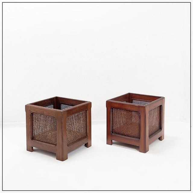 Vintage Planters in Wood and Woven Cane Panels, 1970s, Set of 2 For Sale - Image 14 of 14
