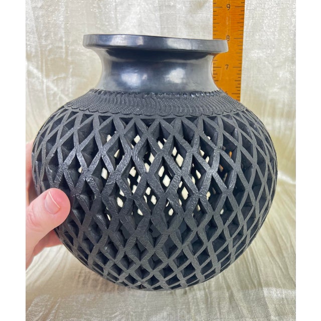 Late 20th Century Hand-Carved Barro Negro Lattice Vessel, Sculptural Black Pottery Lantern Form For Sale - Image 5 of 11
