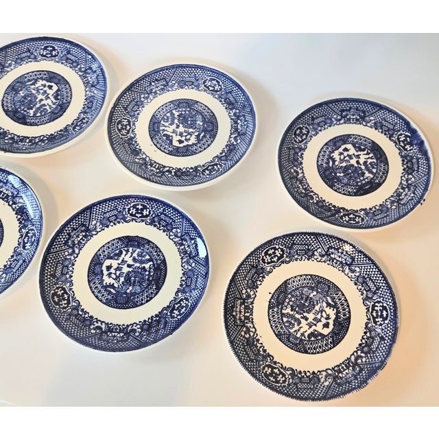 Chinoiserie Mid 20th Century Flow Blue Willow Ironstone Dessert Plates- Set of Six For Sale - Image 3 of 9