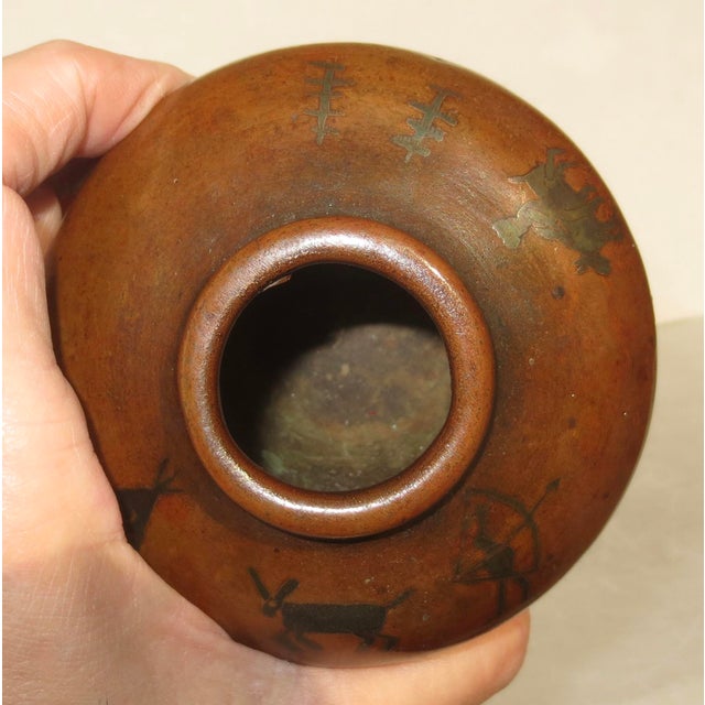Metal MCM Bronze Vase With Tribal Motif Circa 50s For Sale - Image 7 of 10