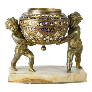 Late 19th Century Napoléon III Gilt Bronze Sculpture of Putti and Champlevé Bowl With Marble Base, France For Sale
