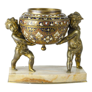 Late 19th Century Napoléon III Gilt Bronze Sculpture of Putti and Champlevé Bowl With Marble Base, France