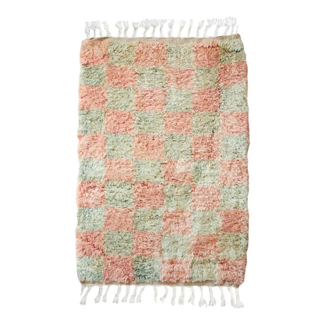 Coral and Celery Checker Mini Moroccan Wool Rug - 2x3 Ft For Sale