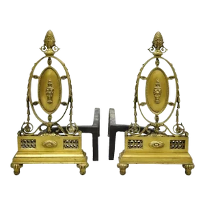 Antique French Empire Louis XVI Style Bronze Urn Acorn Fireplace Andirons - a Pair