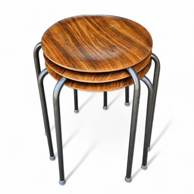 Mid-Century Modern Arne Jacobsen “Dot” Stools — First‑Run 1950s Teak + Steel — Set of 3 by Fritz Hansen For Sale - Image 3 of 18