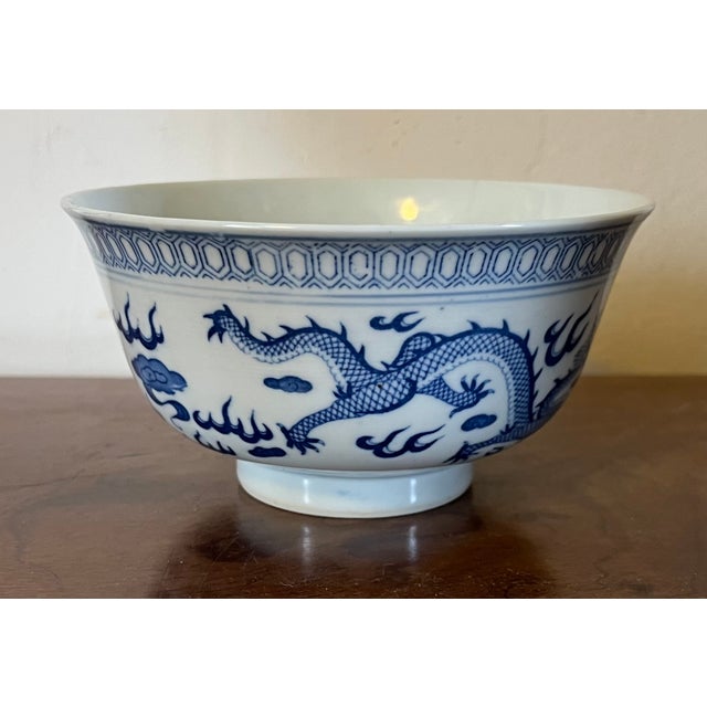Ceramic Chinese Kangxi Style Blue & White Porcelain Bowl Decorated With Dragons and Clouds For Sale - Image 7 of 12