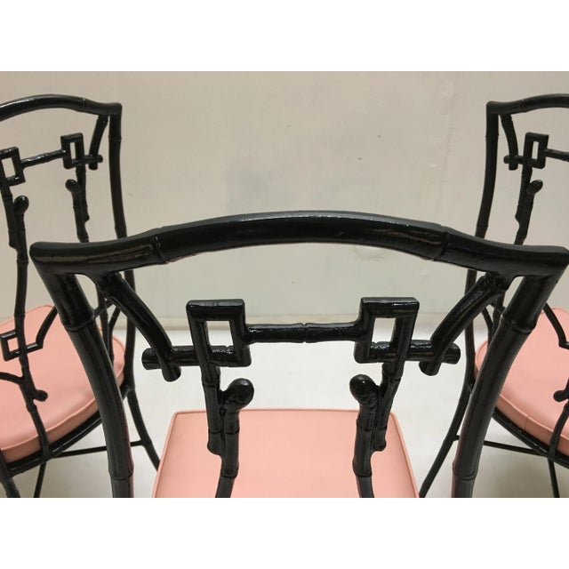 Metal Vintage Chinoiserie Pink & Black Faux Bamboo Dining Chairs and Table For Sale - Image 7 of 10