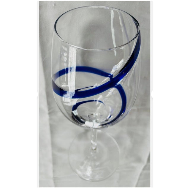 Vintage Wine Glasses Glass Blue White Swirl Chinoiserie Jumbo Cobalt Ribbon Goblet - Set of 4 For Sale - Image 9 of 11
