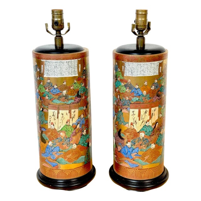 Pair of Meiji Period Japanese Kutani Porcelain "100 Poems" Vases, Now as Lamps For Sale