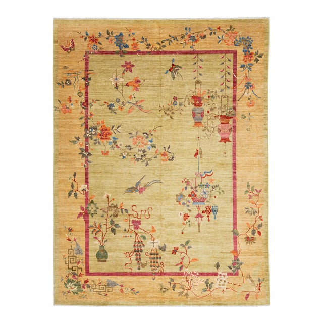 Sage Green Modern Chinese Style Wool Area Rug – Hand-Knotted Chinoiserie Floral For Sale