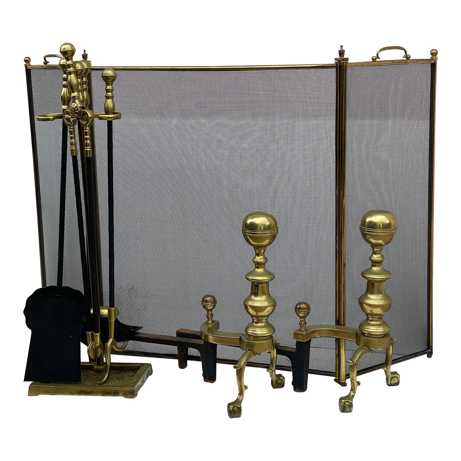 Antique American Brass Fireplace Set -Screen, Andirons and Fireplace