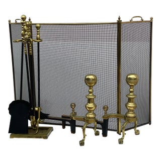 Antique American Brass Fireplace Set -Screen, Andirons and Fireplace Tools Set For Sale