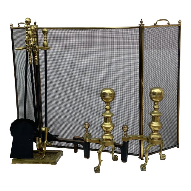Antique American Brass Fireplace Set -Screen, Andirons and Fireplace Tools Set For Sale