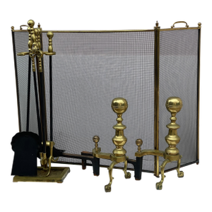 Antique American Brass Fireplace Set -Screen, Andirons and Fireplace Tools Set