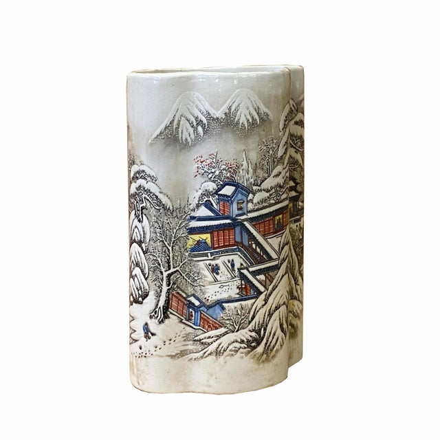 2010s Chinese Off White Porcelain Snow Scenery Flower Shape Vase For Sale - Image 5 of 7