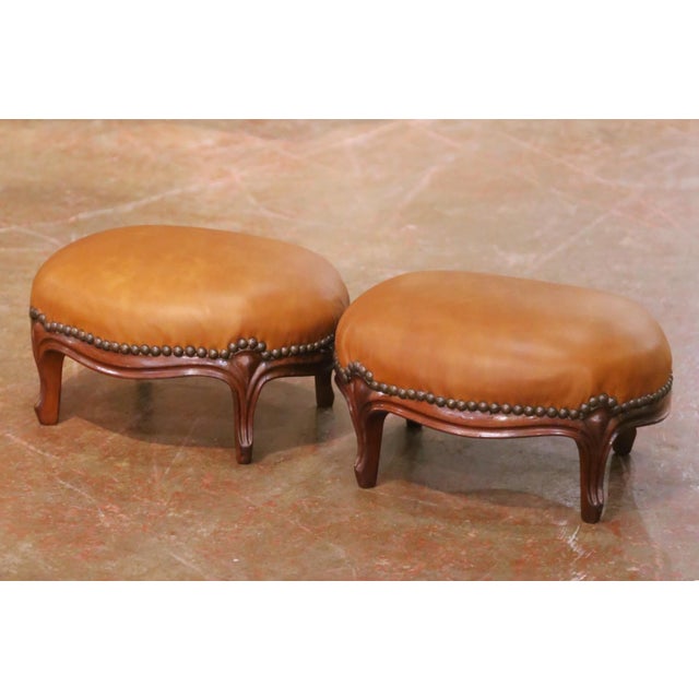 Late 19th Century Pair of 19th Century French Louis XV Mahogany Footstools With Leather Tops For Sale - Image 5 of 8