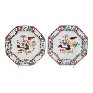 Chinese Export Porcelain Famille Rose Octagonal Botanical Plates- A Pair For Sale