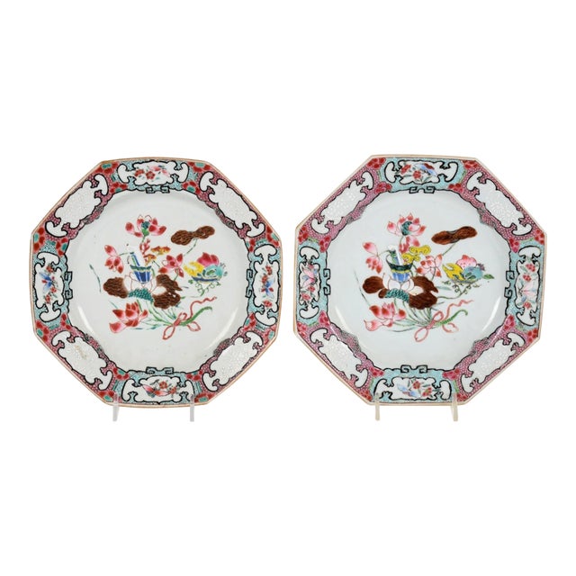 Chinese Export Porcelain Famille Rose Octagonal Botanical Plates- A Pair For Sale