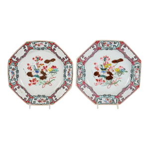 Chinese Export Porcelain Famille Rose Octagonal Botanical Plates- A Pair