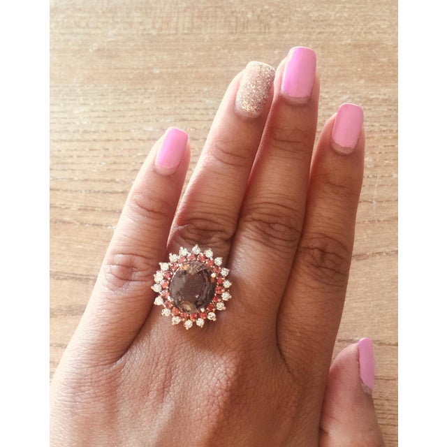 Early 21st Century 7.17 Carat Oval Cut Tourmaline Sapphire Diamond Rose Gold Cocktail Ring, Size 7 For Sale - Image 5 of 8