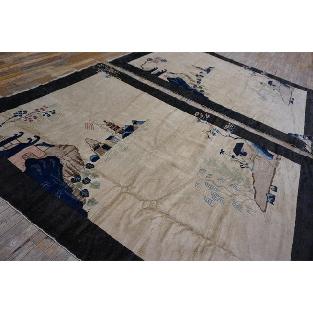 1920s Pair of Scenic Pictorial Antique Ivory Antique Chinese Art Deco Carpets For Sale - Image 9 of 9