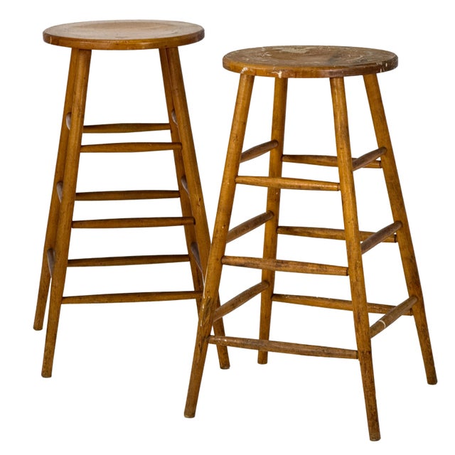 1940s Vintage 1940s Pair of (2) 29.25" Tall Wood Artist Studio Stools For Sale - Image 5 of 18