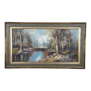 Mid Century Austrian Viennese Woodland River Landscape Oil Painting by Jacobs