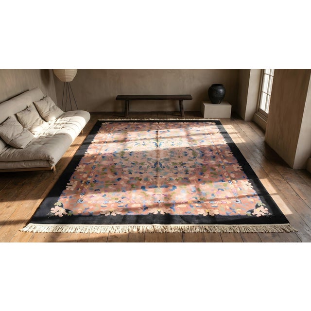 Pink 1930s Pink Rose Floral Antique Chinese Art Deco Rug 9'x 11' 8" Handknotted Wool Carpet For Sale - Image 8 of 9