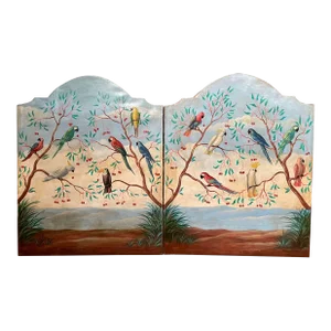 Pair of Mid Century Italian Hand Painted Tropical Bird Panels on Canvas