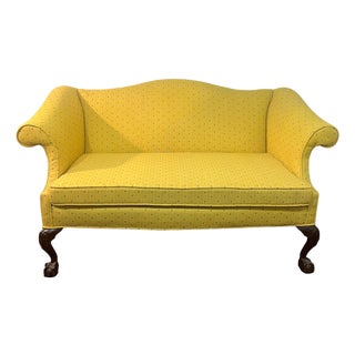 Early 20th Century Chippendale Style Camel Back Mahogany Footed Loveseat Sofa Newly Upholstered For Sale