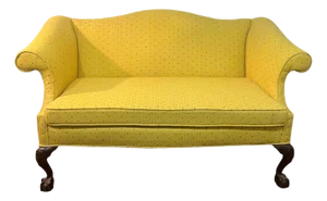 Early 20th Century Chippendale Style Camel Back Mahogany Footed Loveseat Sofa Newly Upholstered