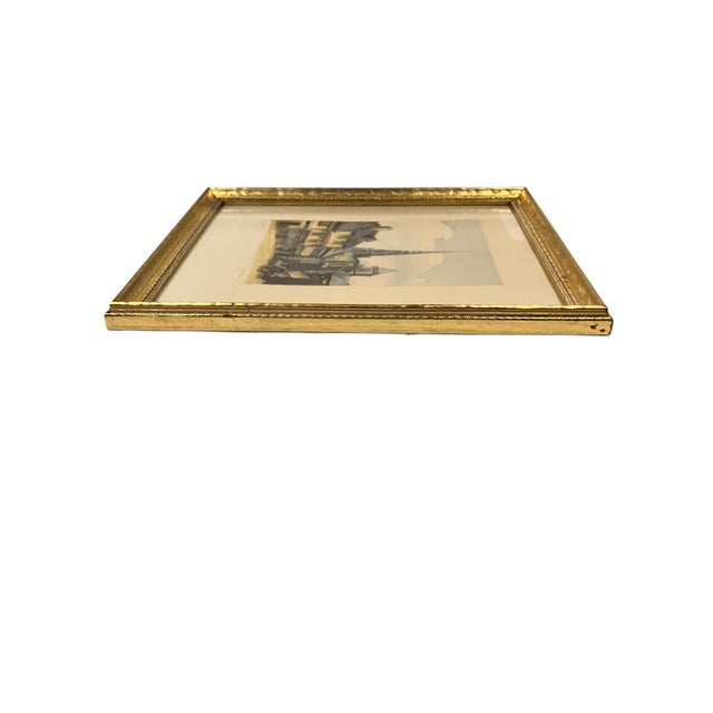 Wood Antique Watercolor Etching of a European Village Street Scene Signed by v. Carre in a Gilded Frame For Sale - Image 7 of 18